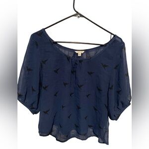 Forever 21 Blue Sheer Bird Print Blouse Lightweight Short Sleeve Flowy Top Large